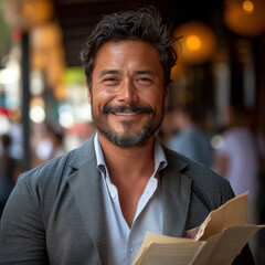 Obraz premium Attractive Latino businessman holding documents in his hands with a happy smile and a bearded head.