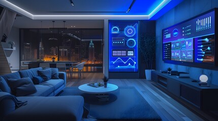 Luxurious Smart Living Room with Interactive Wall Displays