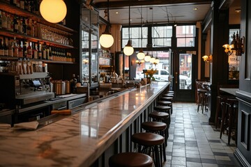 A bar with several stools lined up in front of a wall-mounted television showing a program, An elegant empty restaurant kitchen with a long marble-topped counter, AI Generated