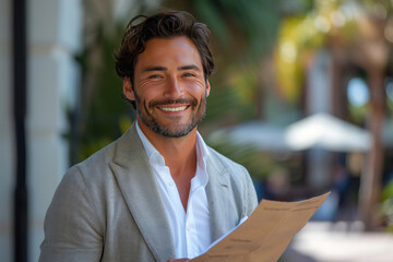 Obraz premium Attractive Latino businessman holding documents in his hands with a happy smile and a bearded head.