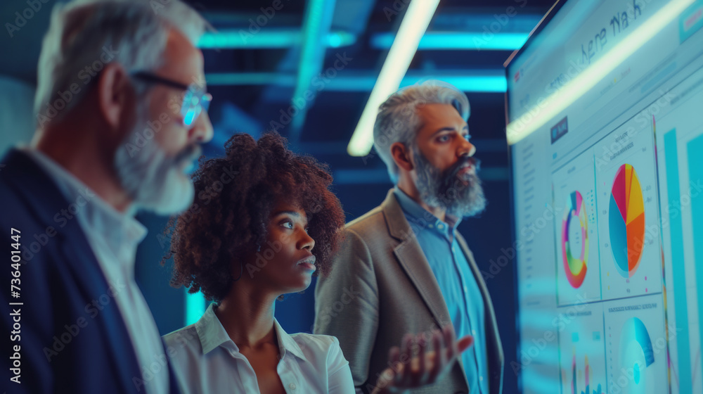 Poster professionals are analyzing data and charts on a large digital display, with one person pointing at 