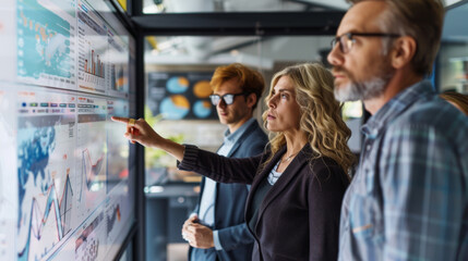 professionals are analyzing data and charts on a large digital display, with one person pointing at a specific detail on the screen.