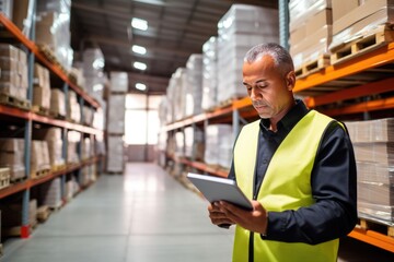 Portrait of mature businessman using digital tablet in warehouse. This is a freight transportation and distribution warehouse. Industrial and industrial workers' concept, AI generated