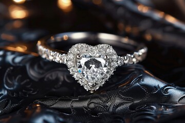 A heart shaped diamond ring placed on a black cloth, showcasing its elegant design, An elegant heart-shaped diamond ring, AI Generated