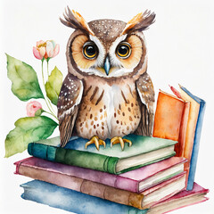 Watercolor illustration owl on pile of books. Educational concept, bird, paper books, florals