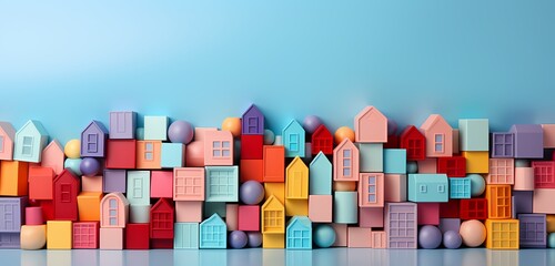 A top view of colorful building blocks neatly arranged with copy space for text, isolated on a pastel blue background