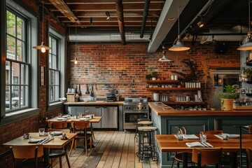 Fototapeta na wymiar A large restaurant with exposed brick walls and rustic wooden tables, providing a warm and inviting dining ambience, An empty restaurant kitchen with brick walls and rustic charm, AI Generated