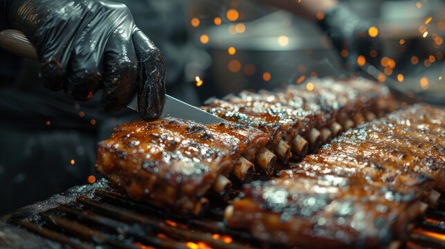 Close-up hand of A chef in black cooking gloves uses a knife to cut smoked pork ribs.
