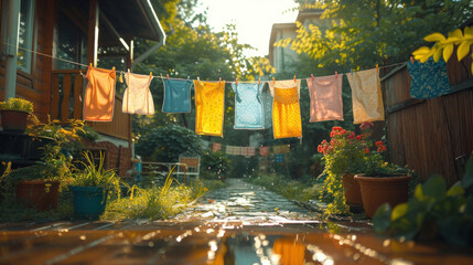Colorful children's clothes are dried on the clothesline in the garden outside.