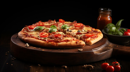Premium Food, Delicious Pizza on a Wooden Tray.