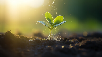 Watering Young Plants: Save the World Concept.