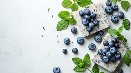 Blueberry and stems over a white backdrop flank this handmade soap bar and space, Generative AI.