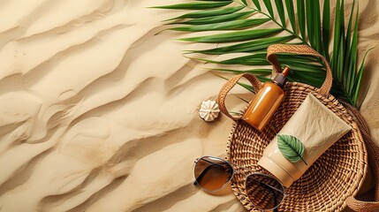 Beach sand setting like a wicker bag having sunscreen, sunglasses, and a palm leaf space, Generative AI.