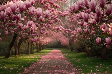 Naklejka premium A path in a park is adorned with pink flowers, creating a beautiful and colorful scene, An enchanted alley of fully bloomed magnolia trees in a park, AI Generated