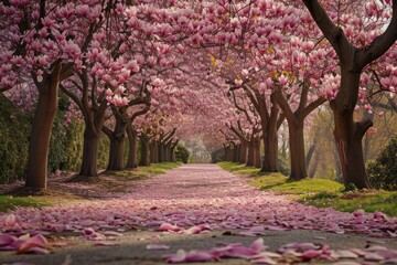 A magnificent scene capturing a road flanked by tall trees and adorned with numerous pink flowers, An enchanted alley of fully bloomed magnolia trees in a park, AI Generated