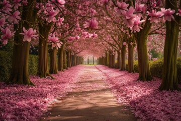 A picturesque pathway is bordered by trees that are adorned with vibrant pink flowers, An enchanted alley of fully bloomed magnolia trees in a park, AI Generated