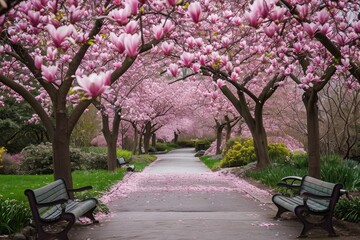 A park featuring multiple benches and lush trees, embellished with vibrant pink flowers, An enchanted alley of fully bloomed magnolia trees in a park, AI Generated - obrazy, fototapety, plakaty