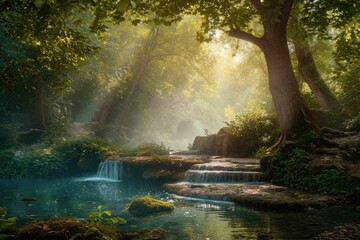 A winding stream courses through a dense, verdant forest, accentuating the vibrant green foliage and creating a peaceful ambience, An enchanted forest with a magical water spring, AI Generated