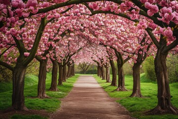 Naklejka premium A scenic pathway flanked by trees adorned with pink flowers creates a picturesque landscape, An enchanting blossom-filled tree passage in a manicured park, AI Generated