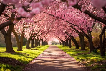 Naklejka premium A visually pleasing tree lined road with pink flowers blooming on the trees, creating a serene atmosphere, An enchanting blossom-filled tree passage in a manicured park, AI Generated