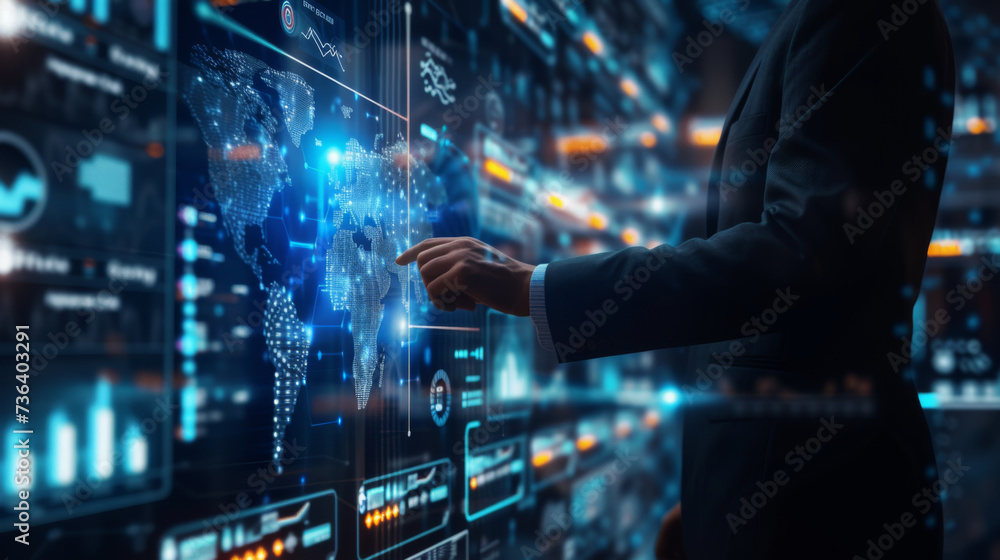 Poster person in a suit is reaching out to touch a digital interface with glowing blue light and data strea
