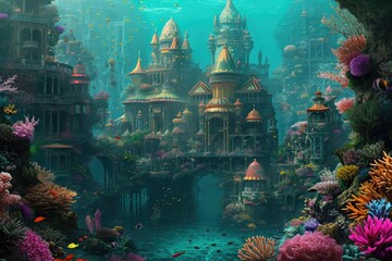 An underwater city filled with colorful corals and bustling marine life, An enchanting underwater city with colorful coral buildings, AI Generated
