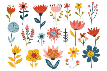 Scandinavian folk style flowers set for Mothers Day, seamless pattern, fairy flowers illustration