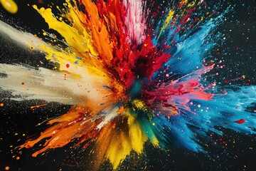 A dynamic and vibrant explosion of various colors of paint on a deep black background, An energetic burst of colors, resembling a paint splatter, AI Generated