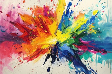 A painting featuring vibrant splashes of paint on a pristine white backdrop, An energetic burst of colors, resembling a paint splatter, AI Generated