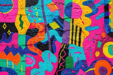 A close-up photograph showcasing a vibrant painting of a colorful pattern adorning a brick wall, An energetic mosaic of bright, neon colors representing a flavor of the 80s, AI Generated