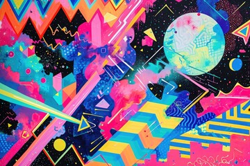 A captivating painting featuring a riot of vibrant colors, abstract shapes, and dynamic lines, An energetic mosaic of bright, neon colors representing a flavor of the 80s, AI Generated