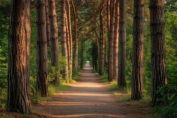 Fototapeta premium A winding path leads through the heart of the forest, flanked by tall and imposing trees, An entrance framed by towering pines in a secluded woodland park, AI Generated