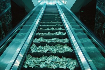 An escalator overflowing with a large amount of money, An escalator moving upwards filled with money depicting the rise of inflation, AI Generated