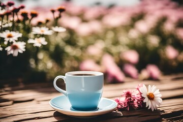 Fototapeta na wymiar elegant ornamented ceramic tea cup in a magnificient pink floral background , artistic blur
