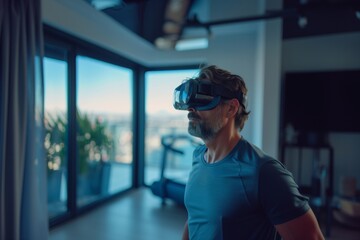 Handsome man 50 year old training  at home with VR glasses