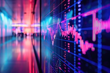 A vibrant and visually striking display of data sets and charts showcased on a wall, An exciting visual of the stock market's financial fluctuations, AI Generated