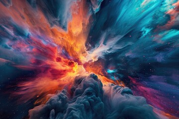 Fototapeta premium A vibrant sky filled with an array of colorful clouds and twinkling stars, An explosion of jewel tones forming an abstract galaxy, AI Generated