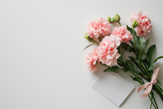 Mother's Day concept. Top view photo of flowers and card isolated on white background with copyspace