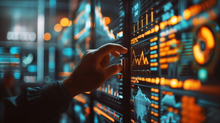 A person's finger touching a futuristic interface with graphs and data analytics.