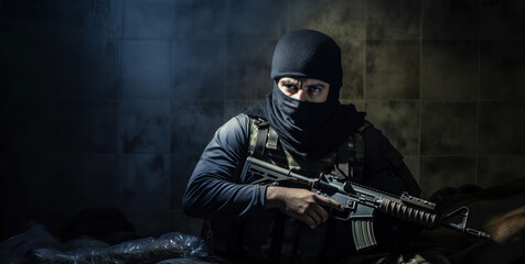 Fototapeta na wymiar Masked Armed Man in Dark Room Holding Assault Rifle Ready for Combat. Concept of the fight against terrorism or anti-terrorism.