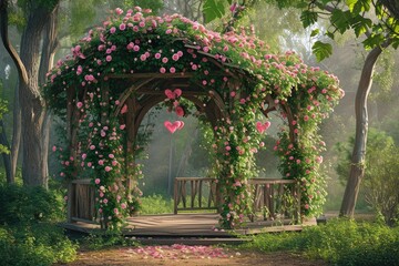 A painting depicting a gazebo adorned with vibrant pink flowers, An idyllic gazebo adorned with pink roses and heart-shaped vines, AI Generated