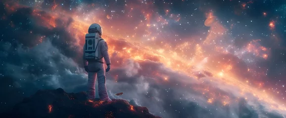 Fototapeten An astronaut stands on a distant planet looking at the beautiful scenery and wonderland, background, universe and space, beauty. Generative AI. © kop