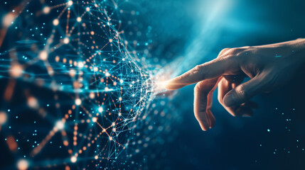 human finger is touching a dynamic and luminous network of connections