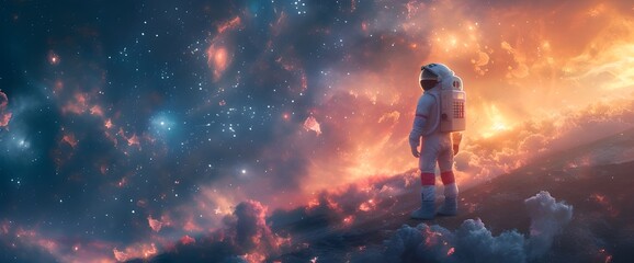An astronaut stands on a distant planet looking at the beautiful scenery and wonderland, background, universe and space, beauty. Generative AI. - obrazy, fototapety, plakaty