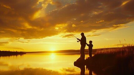 Silhouette of father and son fishing on a beautiful lake at sunset in northern Minnesota.
