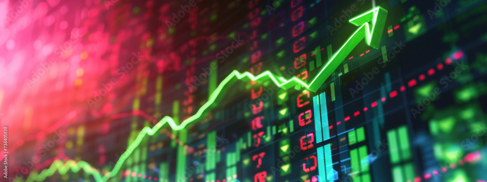 Poster digital graphical representation of a stock market with fluctuating graphs, numerical data, and upwa