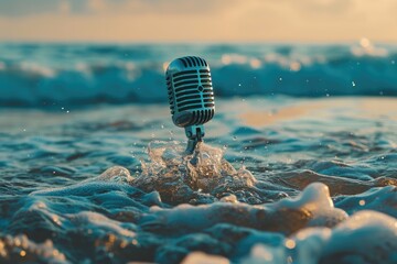 Close Up of a Water-Submerged Microphone, An image of a microphone emerging from the ocean waves for a maritime history podcast, AI Generated