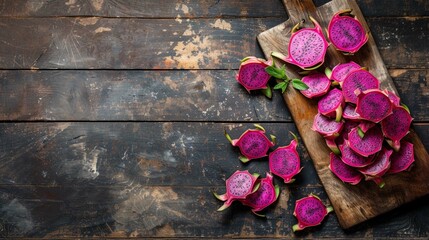 Sliced dragon fruit with cutting board on wooden table.