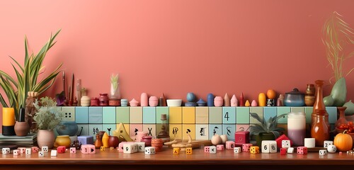 Fototapeta na wymiar A top-down shot featuring a collection of classic board games with an open area for text, set against a soothing pastel orange backdrop