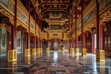 A spacious room adorned with opulent gold and red decorations, showcasing its grandeur and elegance, An imposing royal palace adorned with intricate art and gold leaf, AI Generated - obrazy, fototapety, plakaty